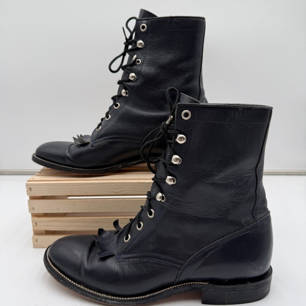 Cowtown Black Leather Kiltie Lace Up Western Cowboy Boots Mens 8